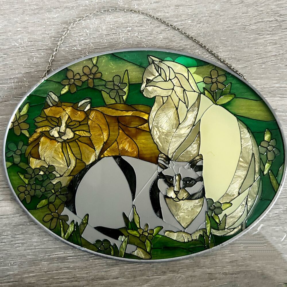 Vintage Joan Baker Designs Set Oval Hand Painted Trio of Cats Sun-catcher EUC